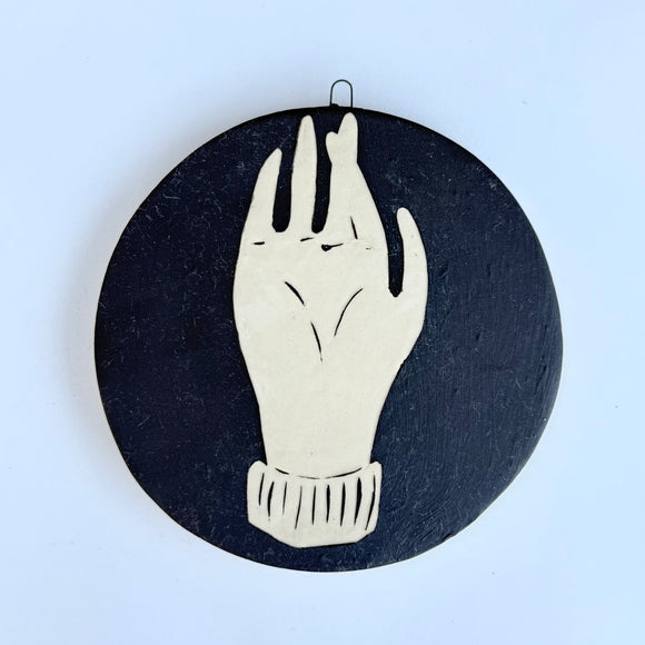 Crossed Fingers-Black Clay-Large Round Wall Plaque